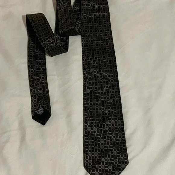 Hugo Boss 100% silk necktie brown geometric  square tile pattern career office - Picture 3 of 8